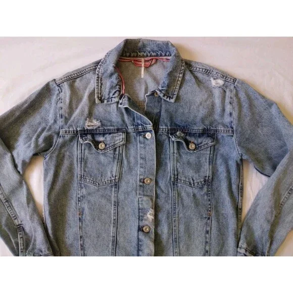 Free People Denim Jacket Trucker Grunge Distress Oversize 90s Womens Size Small - Picture 3 of 11